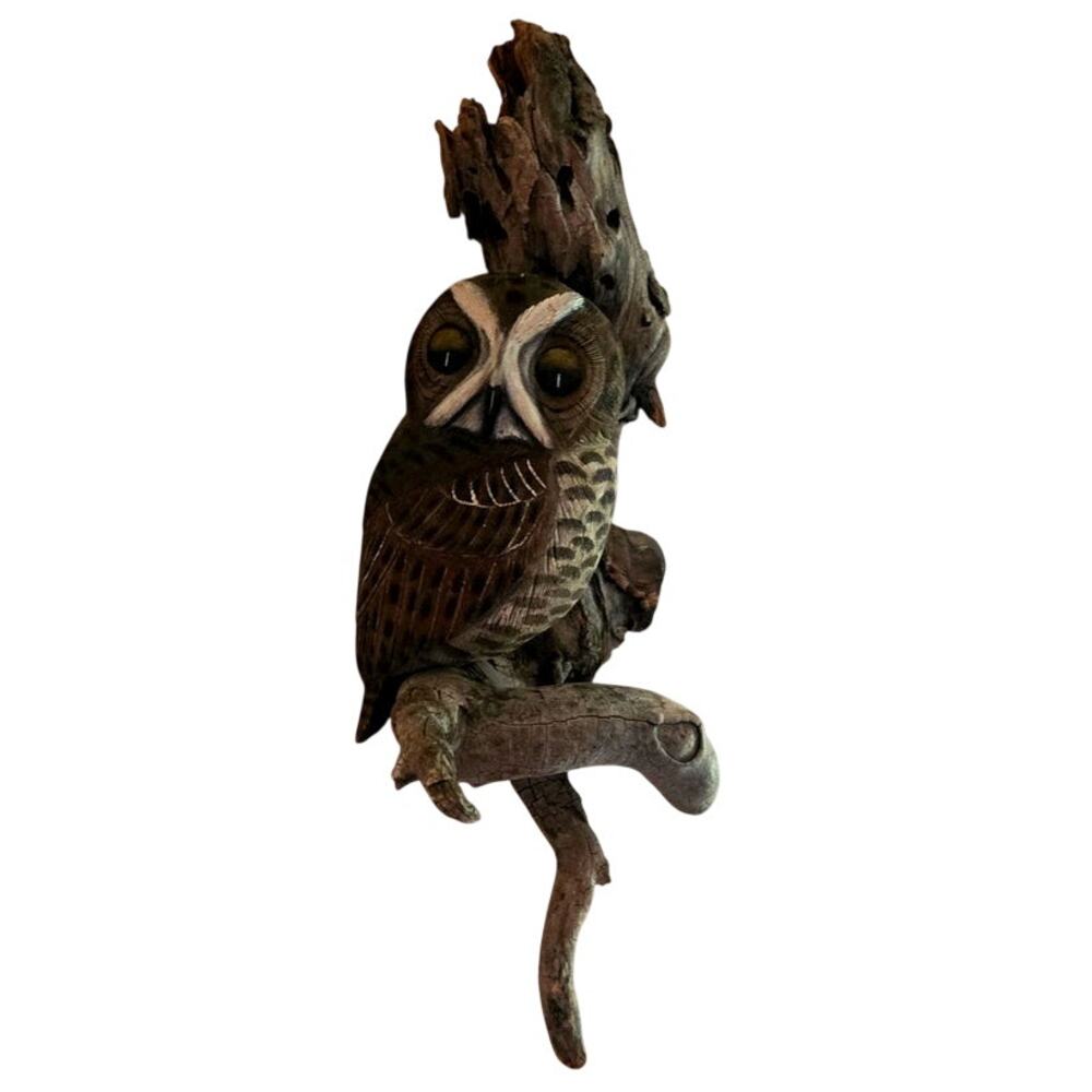 Vintage Folk-Art Hanging Hand-Carved Wood Owl Sculpture on Driftwood 18" Owl 8"